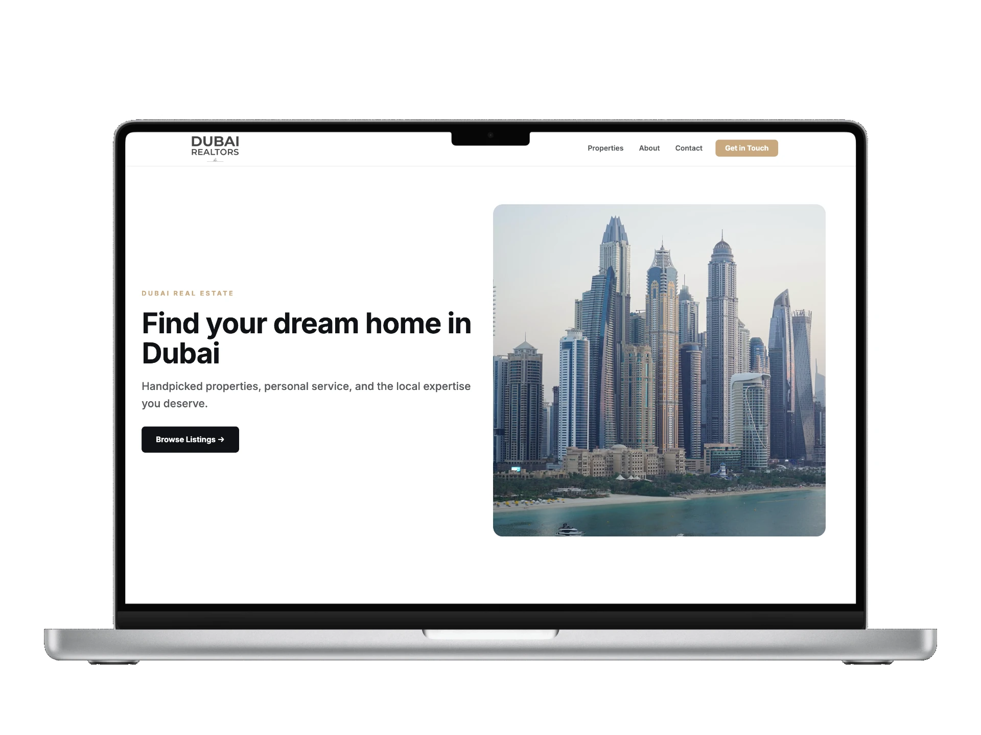 CrmJam agent website mockup on laptop — Dubai Realtors template with listings